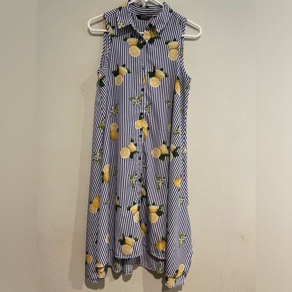 Navy and White Striped Sleeveless Shirt Dress with novelty lemon print. Size S - Picture 1 of 5